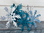 Blue set of 5 wood snowflakes