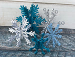 Blue set of 5 wood snowflakes