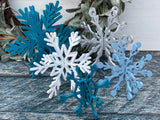 Blue set of 5 wood snowflakes