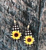 Sunflower and plaid Earrings, Fall Earrings, Fall Gifts, Drop Earrings, Sunflower Earrings, Sunflower Gifts