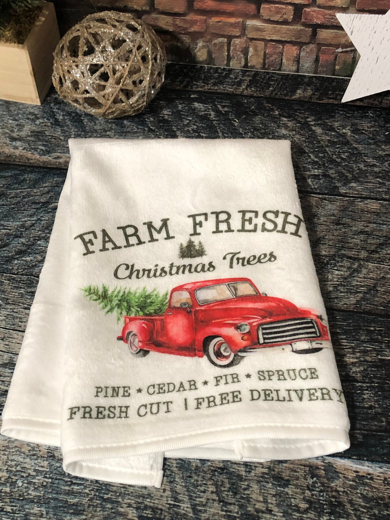 Red Christmas Truck Kitchen Towel, Christmas Kitchen Towels, Farm