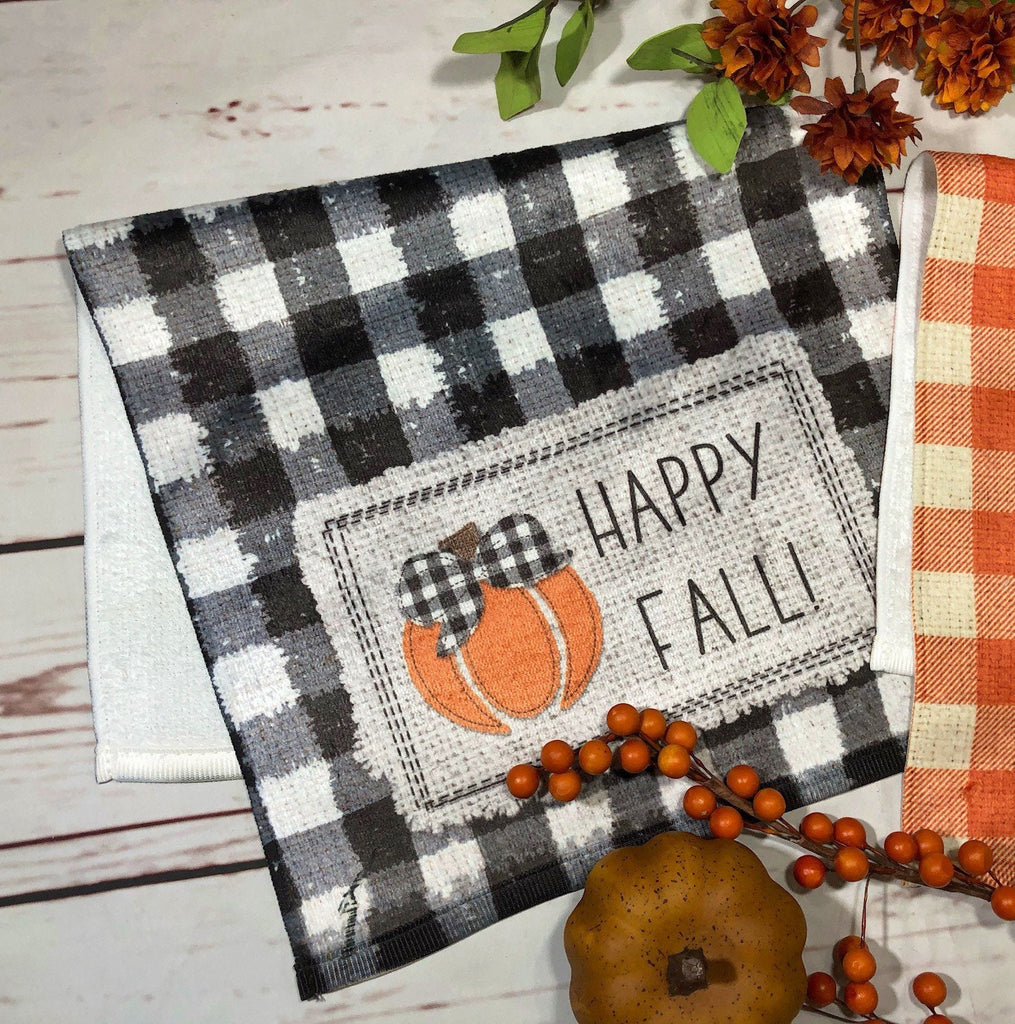 Serafina Home Happy Harvest Country Fall Kitchen Towels Set: Colorful  Cotton Velour Harvest Pumpkins Truck, Blue Border Plaid Print Background